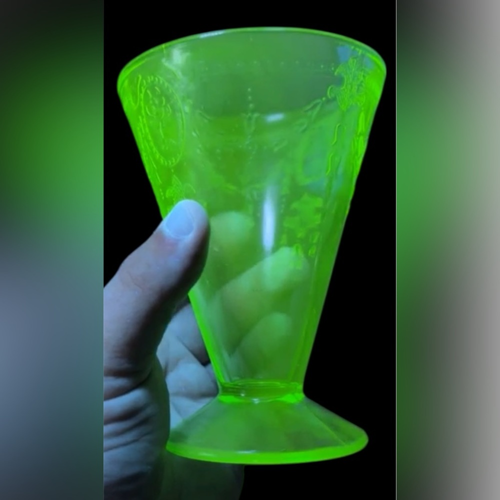 Uranium Depression Glass Footed Tumbler. Vintage Belmont. 1931 Rose Cameo